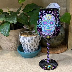 Black Sugar Skull Day of the Dead wine glass